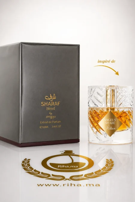 Flacon de parfum Sharaf Blend Zimaya sur fond doré élégant