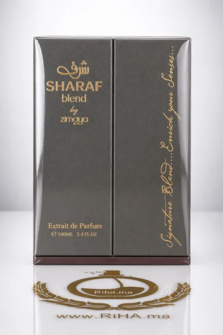 Flacon de parfum Sharaf Blend Zimaya sur fond doré élégant — vue 2