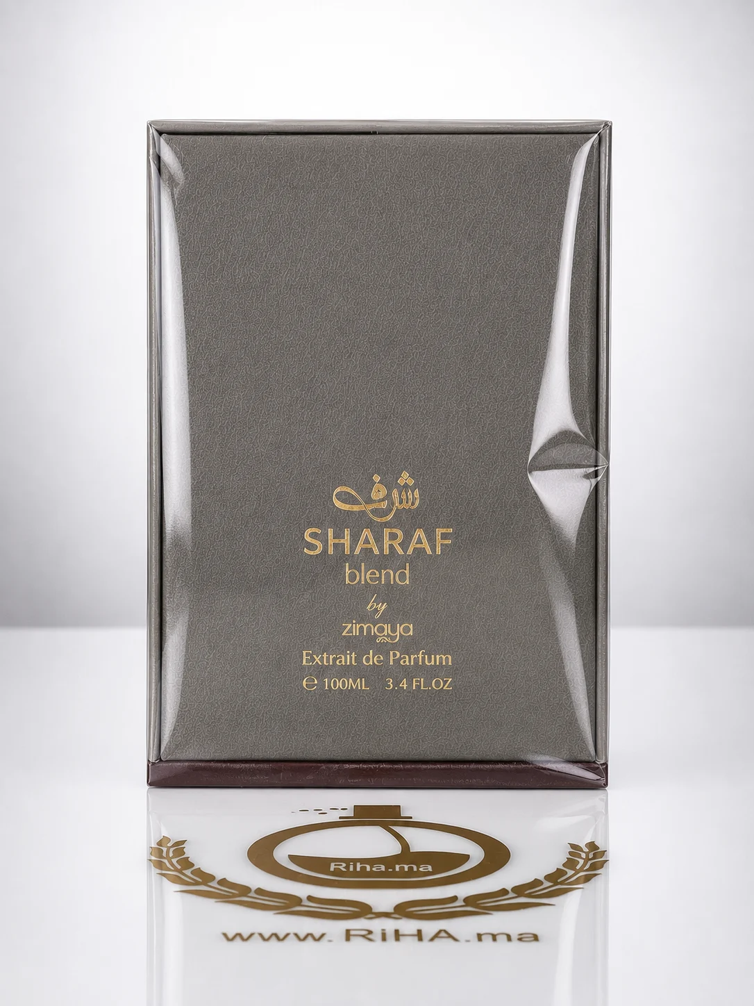 Sharaf Blend Zimaya Extrait De Parfum 100ml inspiré de ANGELS' SHARE By Kilian – Kilian Eau De Parfum — photo 3 Flacon de parfum Sharaf Blend Zimaya sur fond doré élégant — vue 3