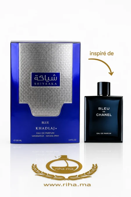 Flacon de Shiyaaka Blue Khadlaj Perfumes sur fond bleu