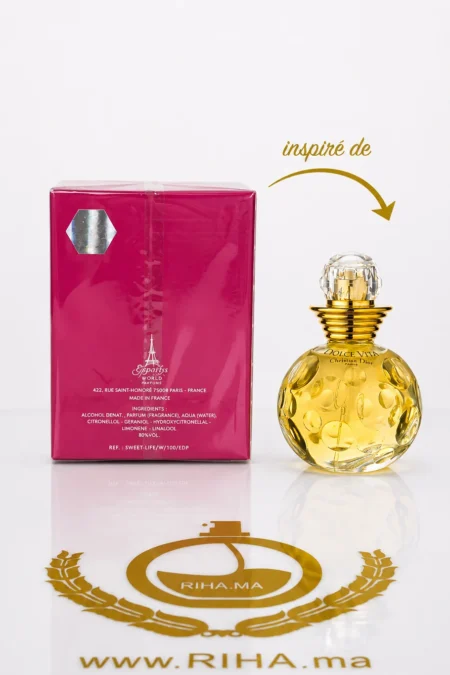 Riha.ma | Vente de Parfum Original Au Maroc Pour Homme Et Femme 74 Flacon de parfum sweet life pour femme sur fond doré — vue 2