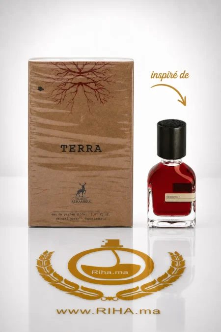 Flacon de Terra Al Hambra, parfum ambré vanillé, sur fond doré