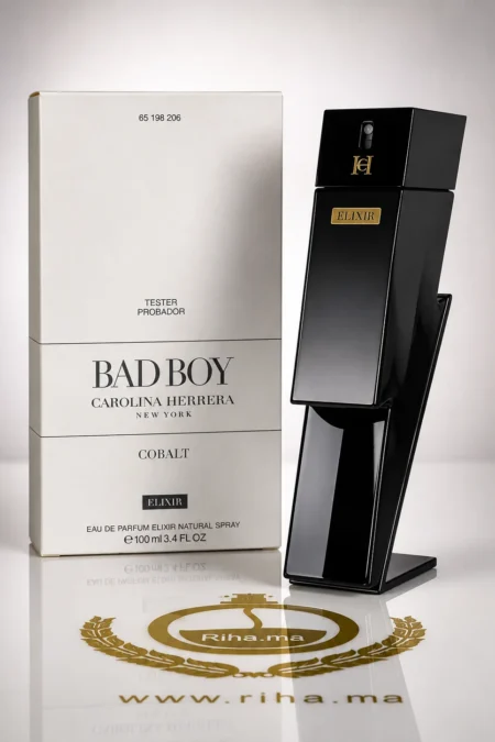Flacon tester bad boy eau de parfum elixir sur fond sombre