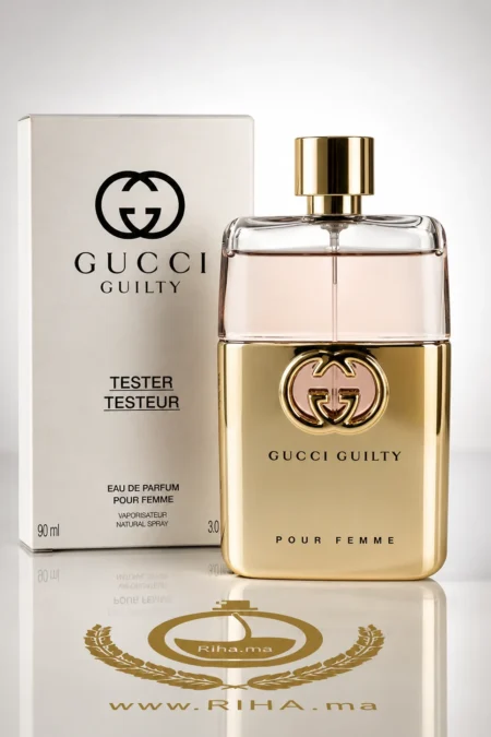 Flacon de tester Gucci Guilty Eau de Parfum sur fond élégant