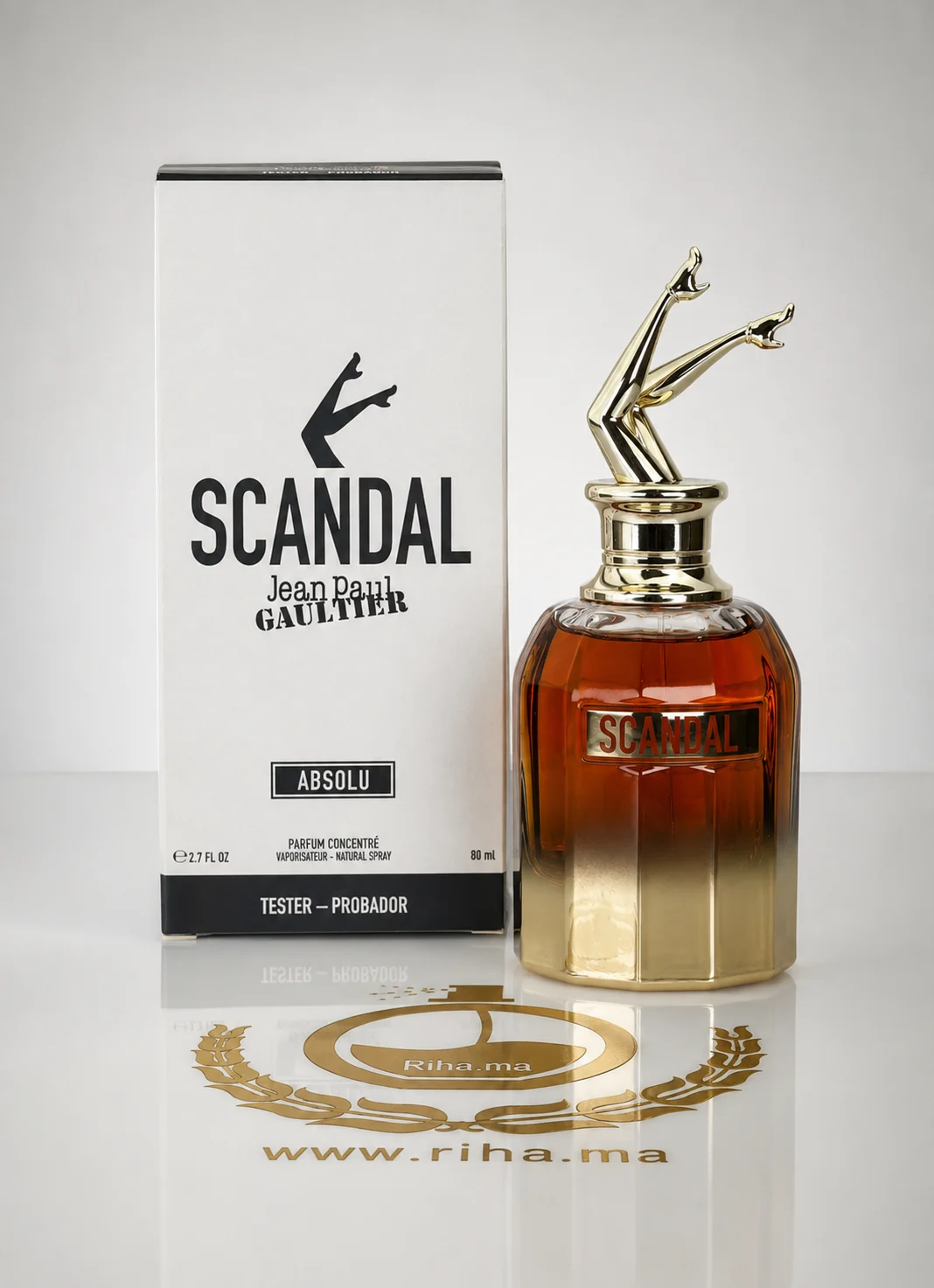 Tester Scandal Absolu Jean Paul Gaultier Pour Femme 80ML tester scandal absolu jean paul gaultier — Flacon tester de parfum scandal absolu jean paul gaultier sur fond élégant