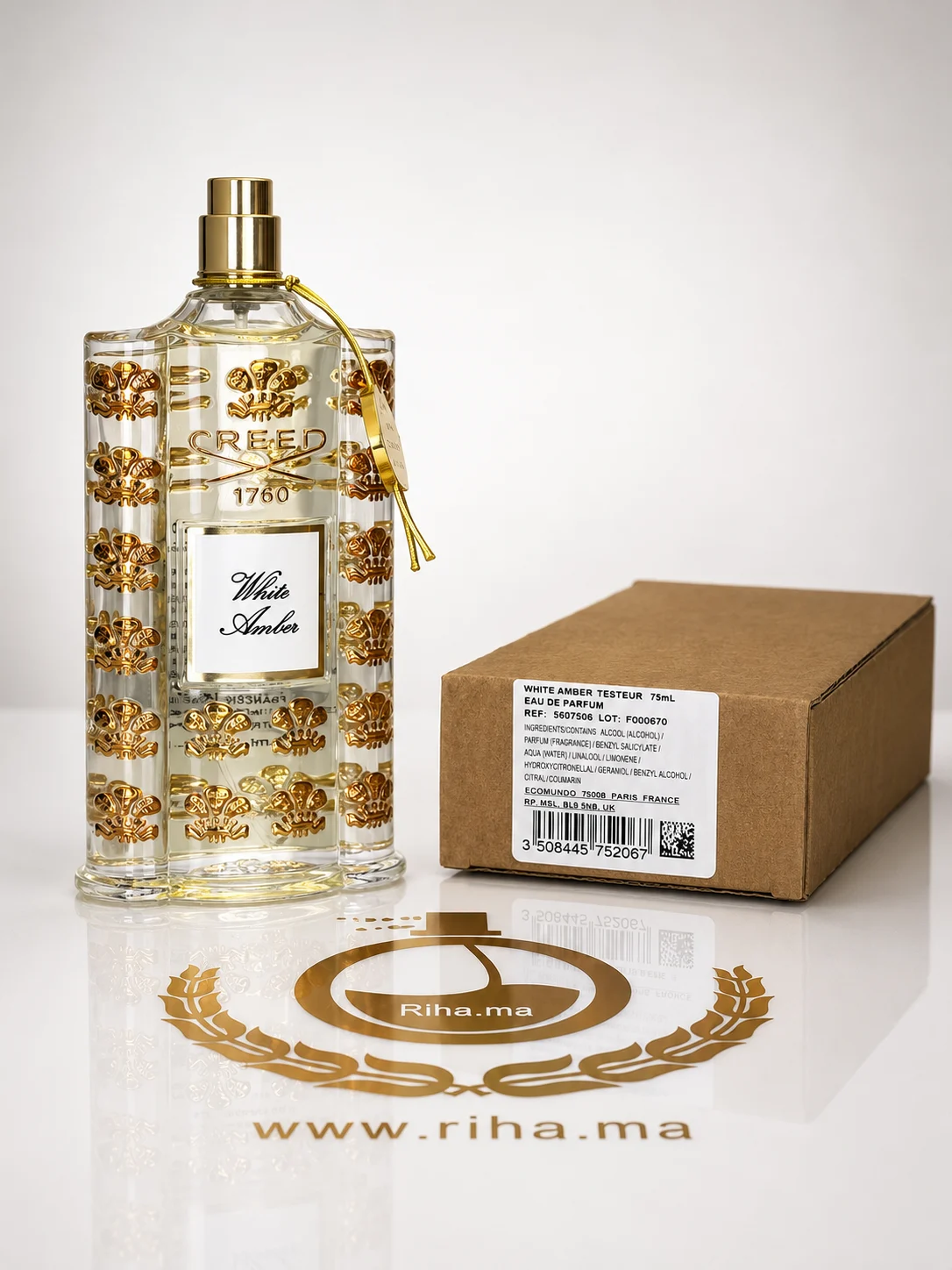 Testeur White Amber Creed 75ml Flacon de testeur white amber creed posé sur fond doré