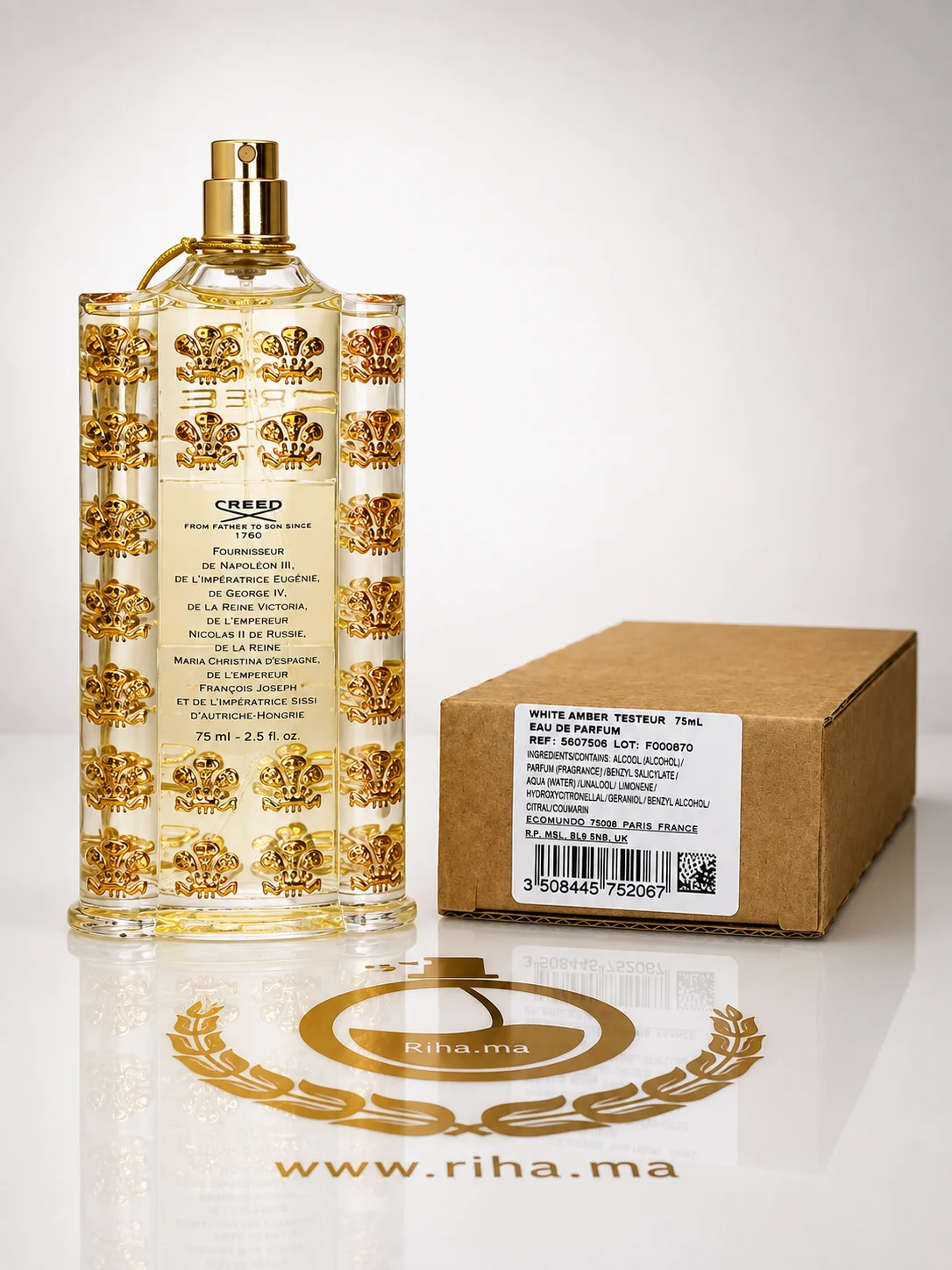 Testeur White Amber Creed 75ml — photo 2 Flacon de testeur white amber creed posé sur fond doré — vue 2