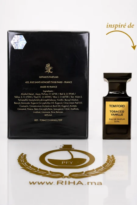 Flacon de parfum tobacco ambre vanille geparlys sur fond sombre — vue 2