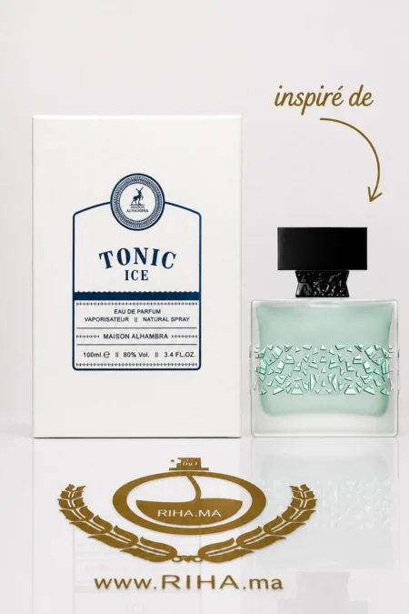 Flacon Tonic Ice eau de parfum homme sur fond bleu frais