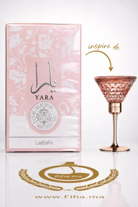 Flacon de parfum Yara Lattafa pour femme sur fond élégant