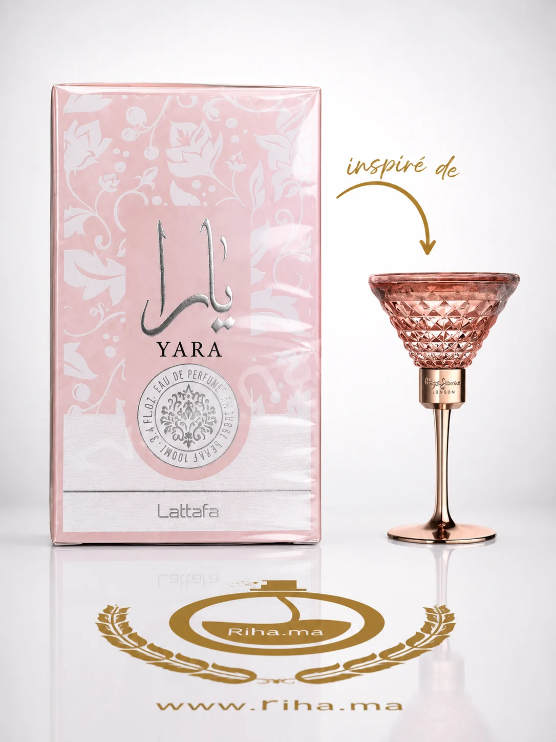 Yara Lattafa - Eau de Parfum Femme 100ml Flacon de parfum Yara Lattafa pour femme sur fond élégant