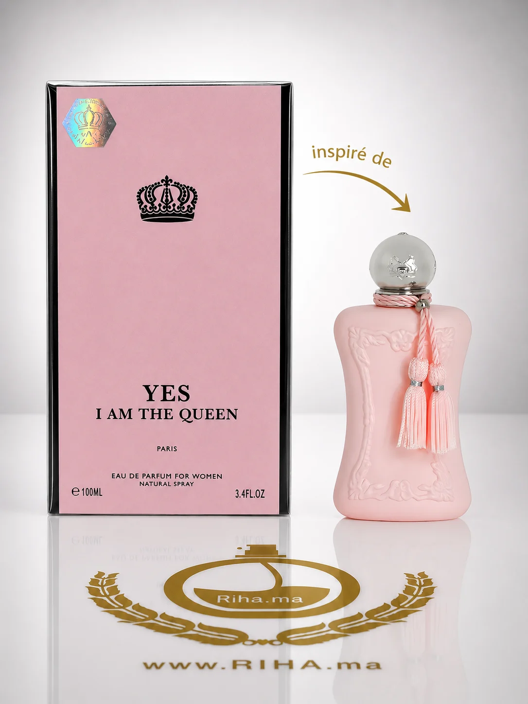 YES I AM THE QUEEN eau de parfum pour femme 100ml Flacon de parfum Yes I Am The Queen sur fond doré élégant