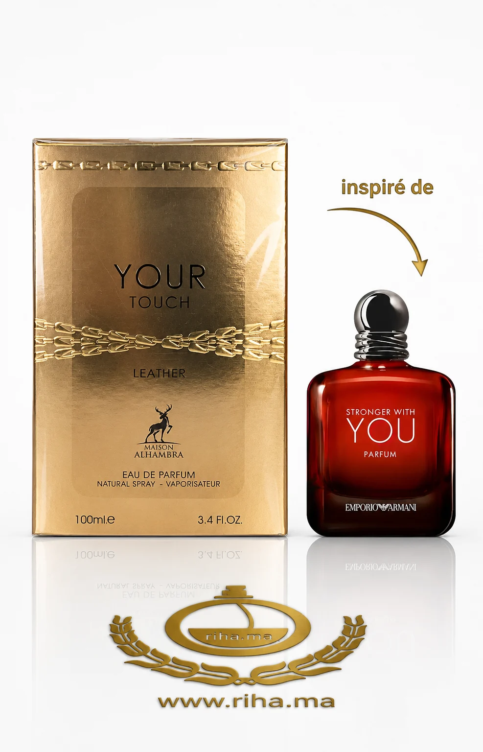 Your Touch Leather Eau De Parfum Maison Alhambra 100ml Flacon de parfum Your Touch Leather sur fond sombre élégant