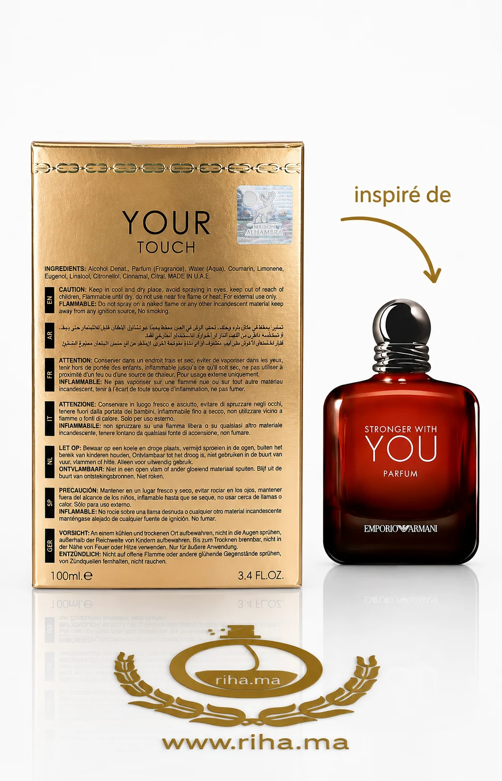 Your Touch Leather Eau De Parfum Maison Alhambra 100ml — photo 2 Flacon de parfum Your Touch Leather sur fond sombre élégant — vue 2