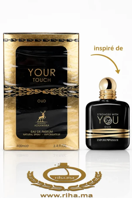 Flacon de parfum your touch oud maison alhambra sur fond sombre élégant