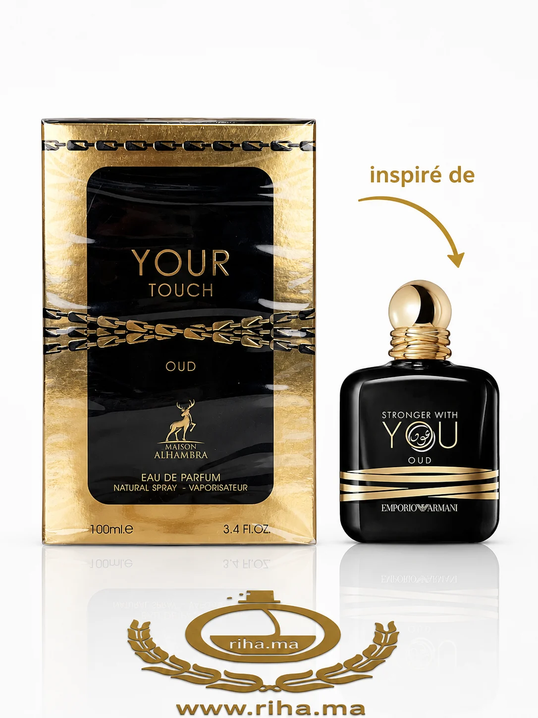 Your Touch Oud Maison Alhambra pour homme et femme Flacon de parfum your touch oud maison alhambra sur fond sombre élégant