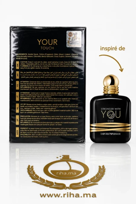 Flacon de parfum your touch oud maison alhambra sur fond sombre élégant — vue 2