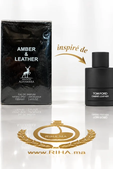 Flacon de parfum Amber Leather 100 ml sur fond de cuir