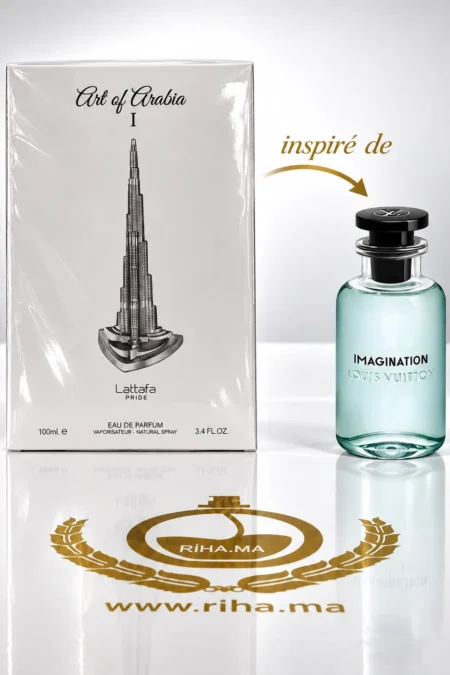 Flacon du parfum Art of Arabia I Lattafa posé sur fond doré