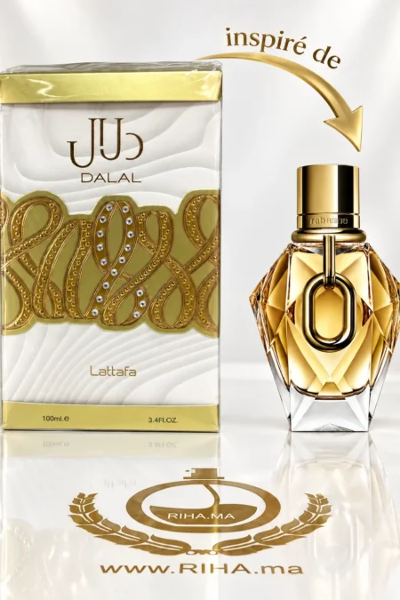 Flacon Dalal Lattafa eau de parfum pour femme sur fond doré