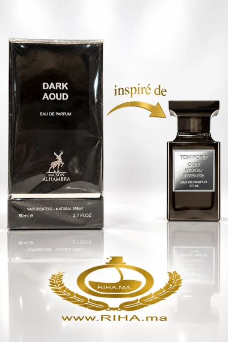 Flacon de Dark Aoud eau de parfum pour homme sur fond sombre