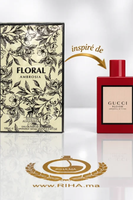 Flacon Floral Ambrosia eau de parfum pour femme sur fond floral