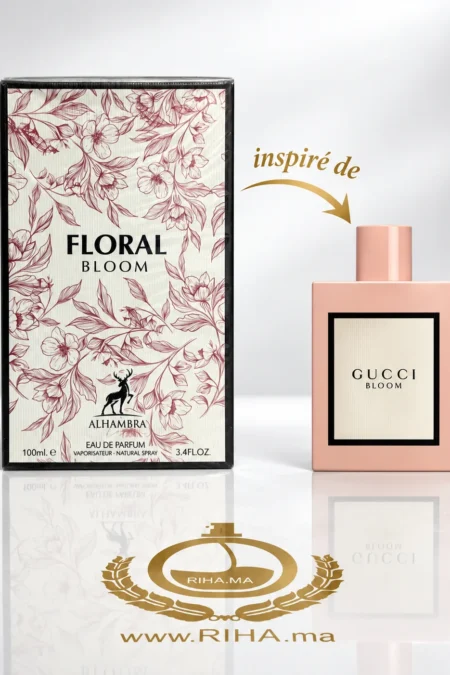 Flacon de parfum Floral Bloom pour femme sur fond floral doré