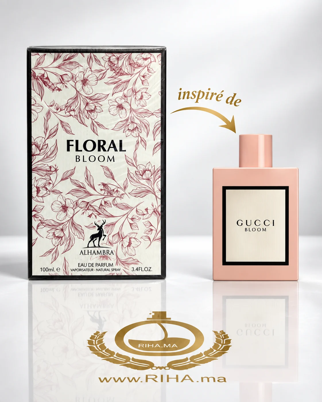 Floral Bloom Eau De Parfum Pour Femme Flacon de parfum Floral Bloom pour femme sur fond floral doré