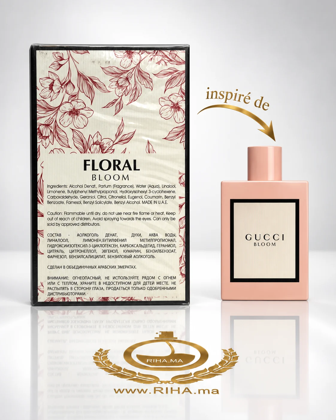 Floral Bloom Eau De Parfum Pour Femme — photo 2 Flacon de parfum Floral Bloom pour femme sur fond floral doré — vue 2