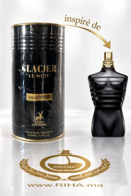 Flacon Glacier Le Noir eau de parfum 100 ml sur fond sombre