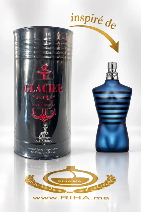 Flacon du parfum Glacier Ultra 100 ml sur fond bleu glacé