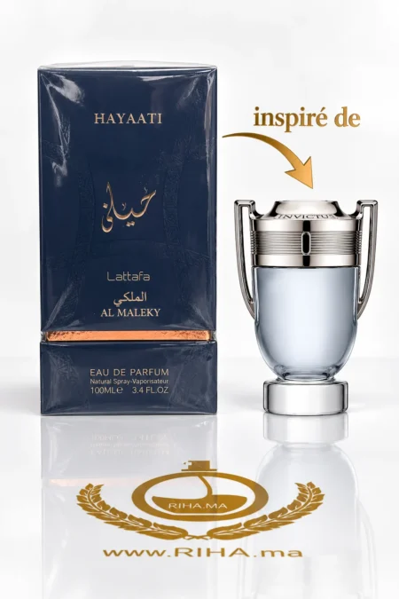 Flacon Hayaati Al Maleky Eau De Parfum 100ml sur fond doré