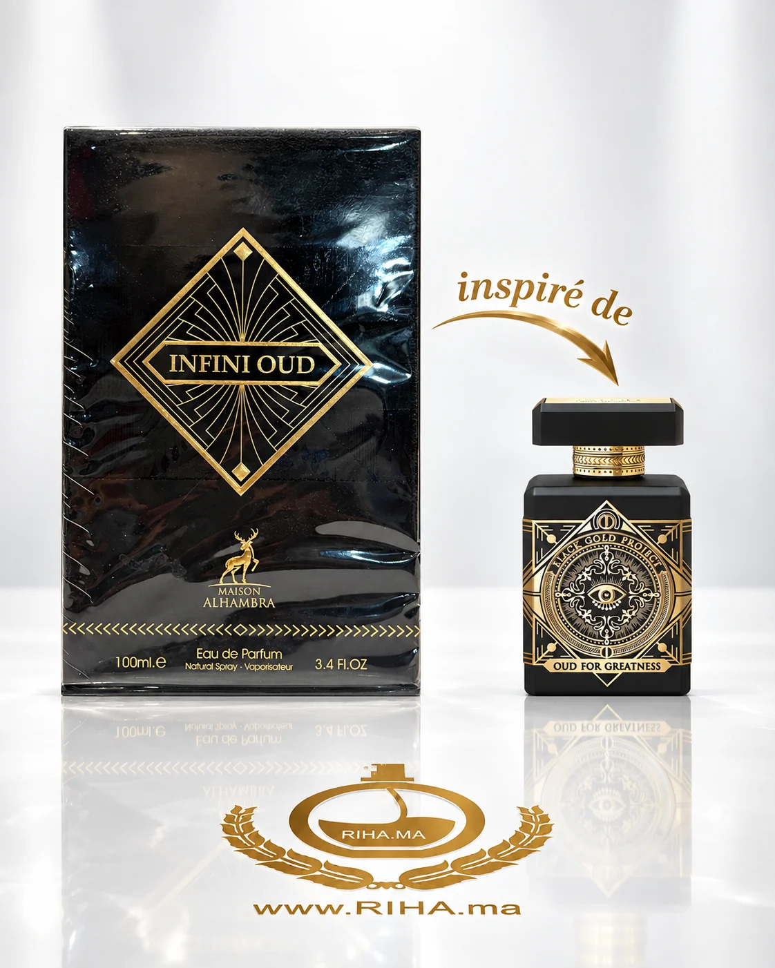 Infini Oud Eau De Parfum De Maison Alhambra 100ml Flacon Infini Oud de Maison Alhambra 100 ml sur fond doré
