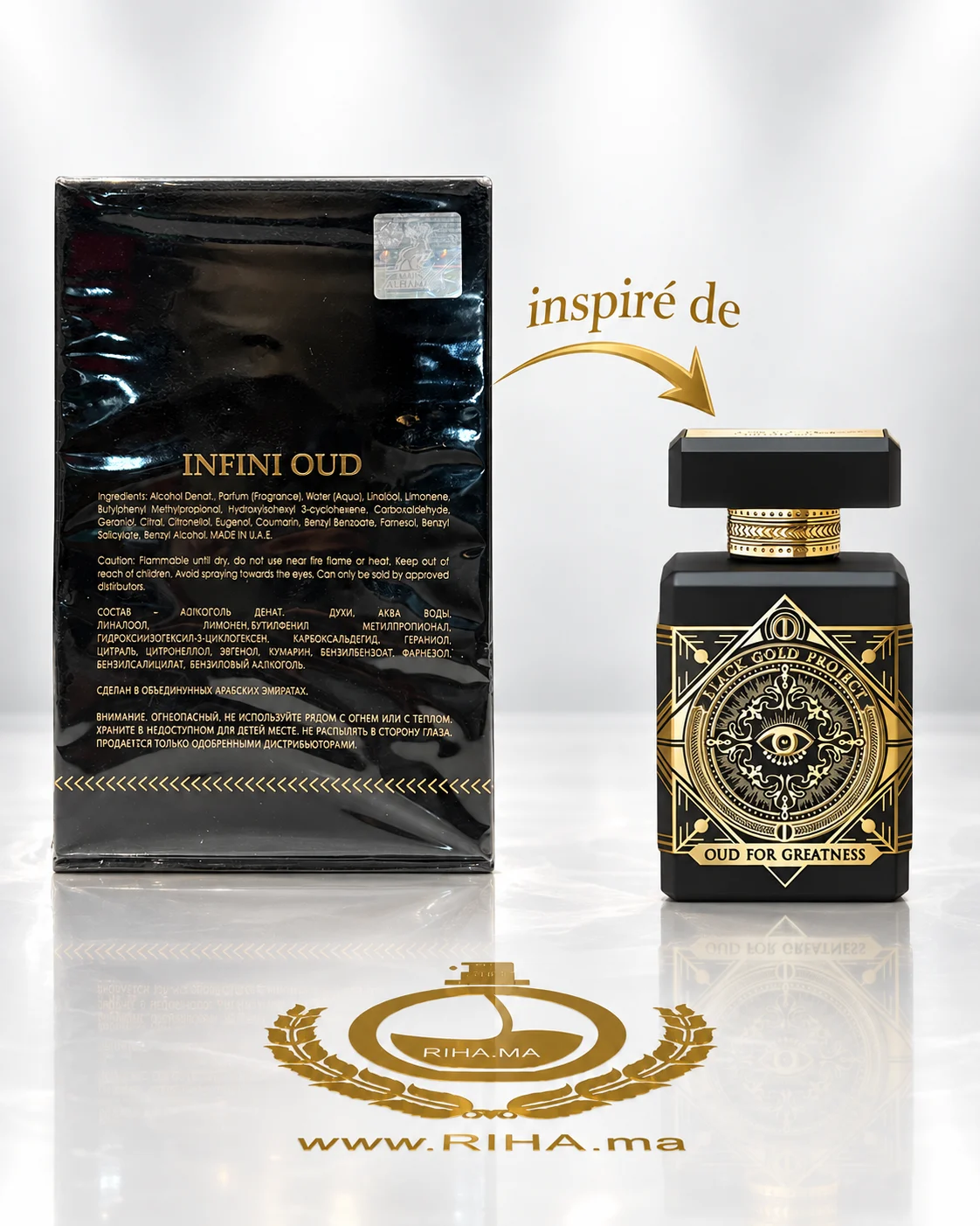 Infini Oud Eau De Parfum De Maison Alhambra 100ml — photo 2 Flacon Infini Oud de Maison Alhambra 100 ml sur fond doré — vue 2