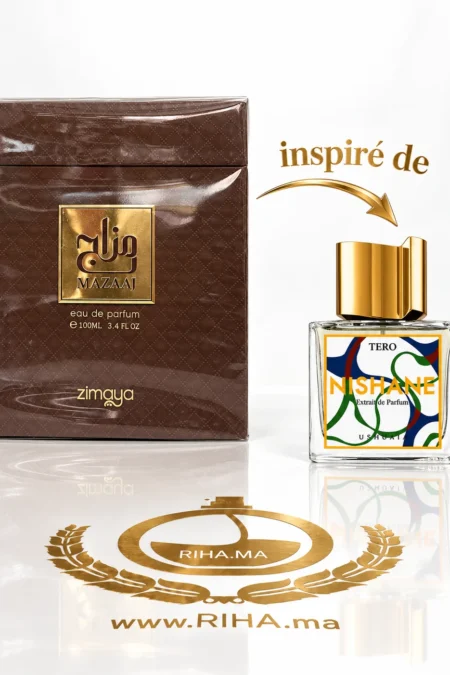 Flacon de parfum Mazaaj Zimaya pour homme sur fond ambré