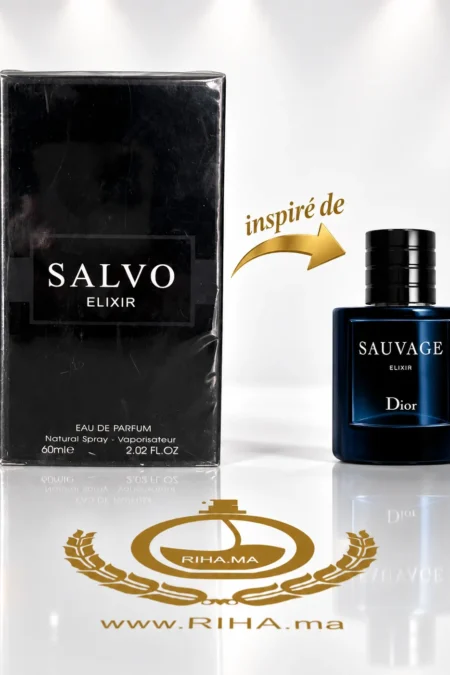 Flacon de parfum Salvo Elixir pour homme sur fond ambré