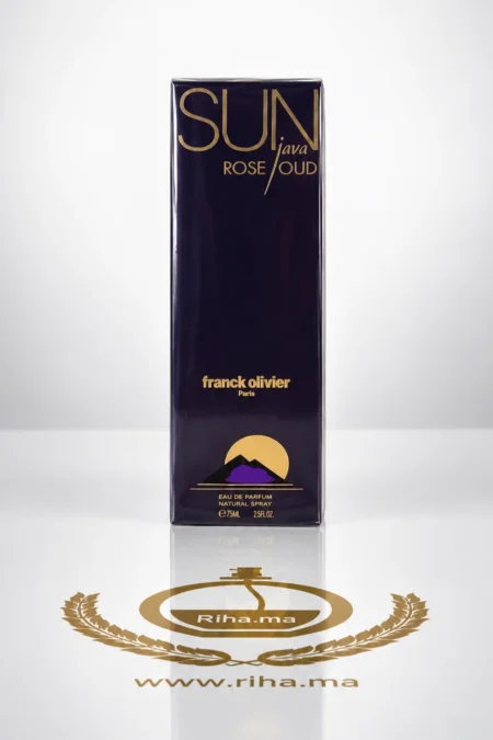 Flacon de parfum Sun Java Rose Oud Franck Olivier 75 ml sur fond doré