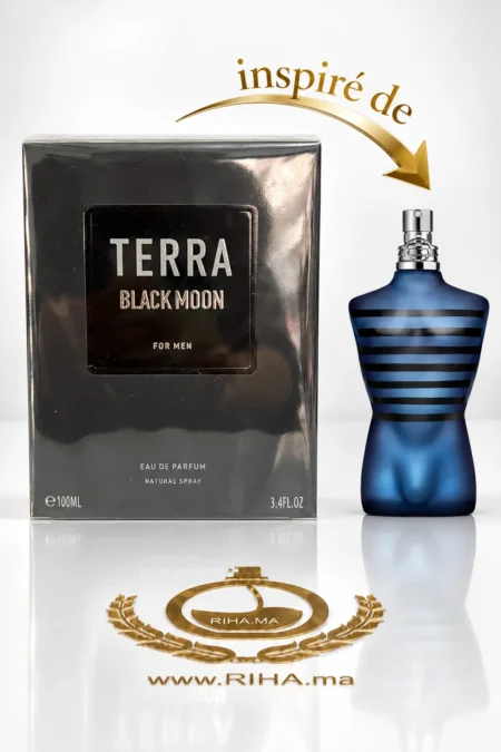 Flacon Terra Black Moon eau de parfum pour homme sur fond sombre