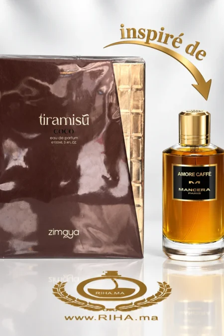 Flacon de parfum tiramisu coco zimaya 100 ml posé sur fond crème